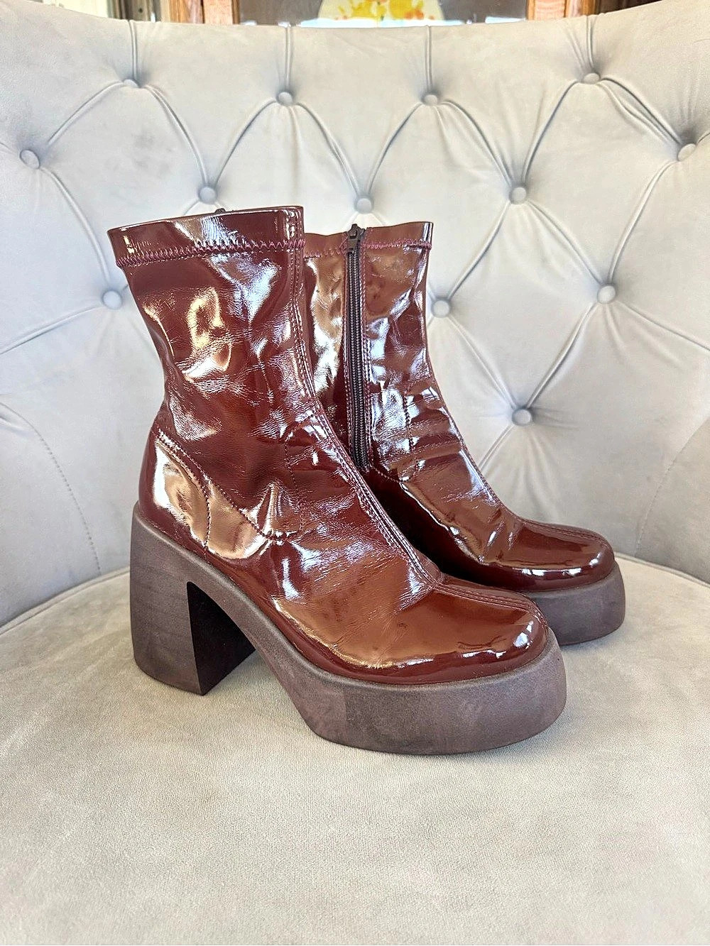 ASOS DESIGN Edison square toe chunky heeled sock boots in Burgundy US 10 Like Ne